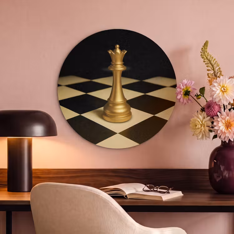 Akoestisch schilderij rond - Koningin - Schaakstuk - Geblokt - Goud — 6