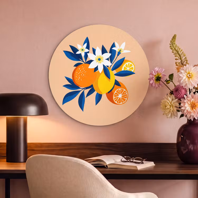 Akoestisch schilderij rond - Illustratie - Sinaasappels - Donkerblauw - Bloemen — 6