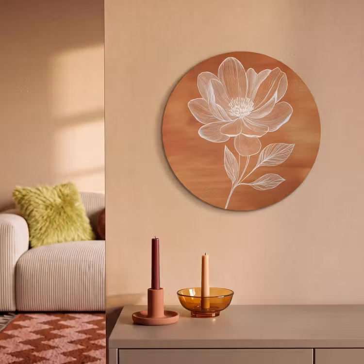 Akoestisch schilderij rond - Bloem Lijntekening Terracotta — 2