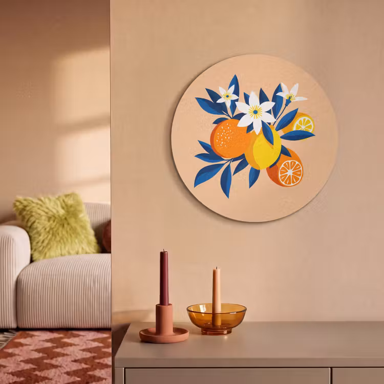 Akoestisch schilderij rond - Illustratie - Sinaasappels - Donkerblauw - Bloemen — 2
