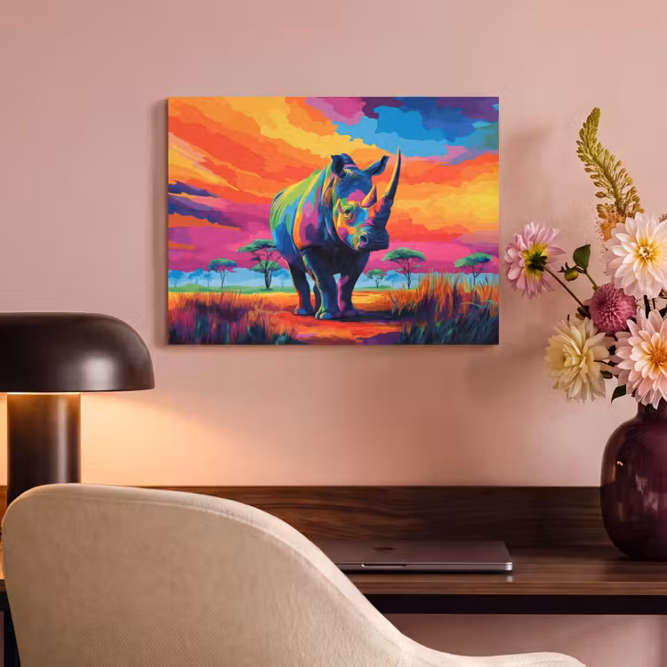 Akoestisch schilderij - Neushoorn - Zonsondergang - Savanna - Kleurrijk — 6