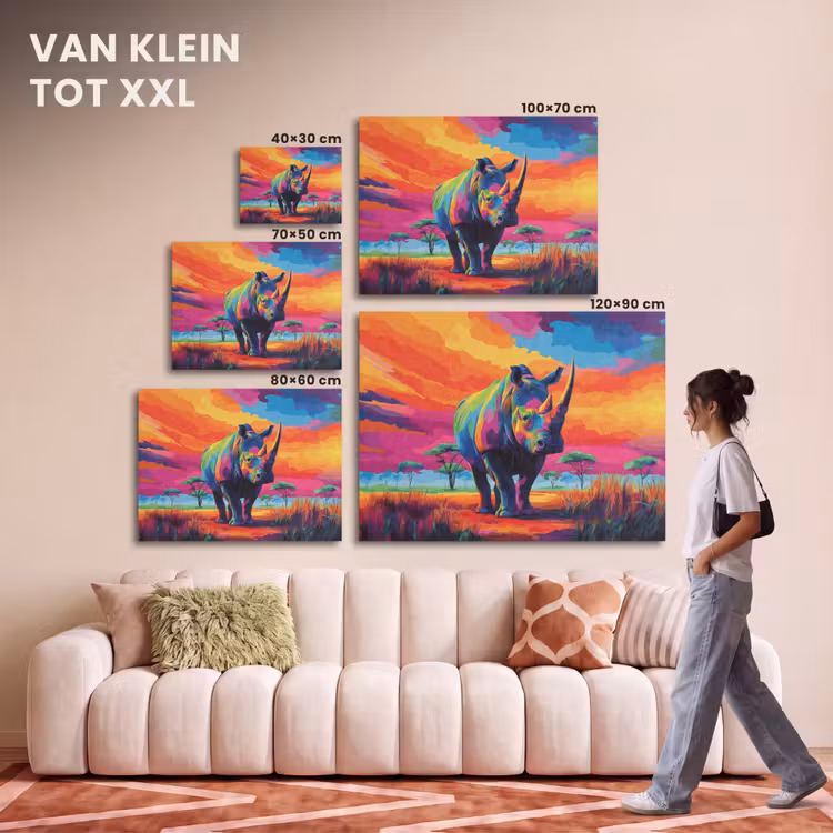 Akoestisch schilderij - Neushoorn - Zonsondergang - Savanna - Kleurrijk — 7