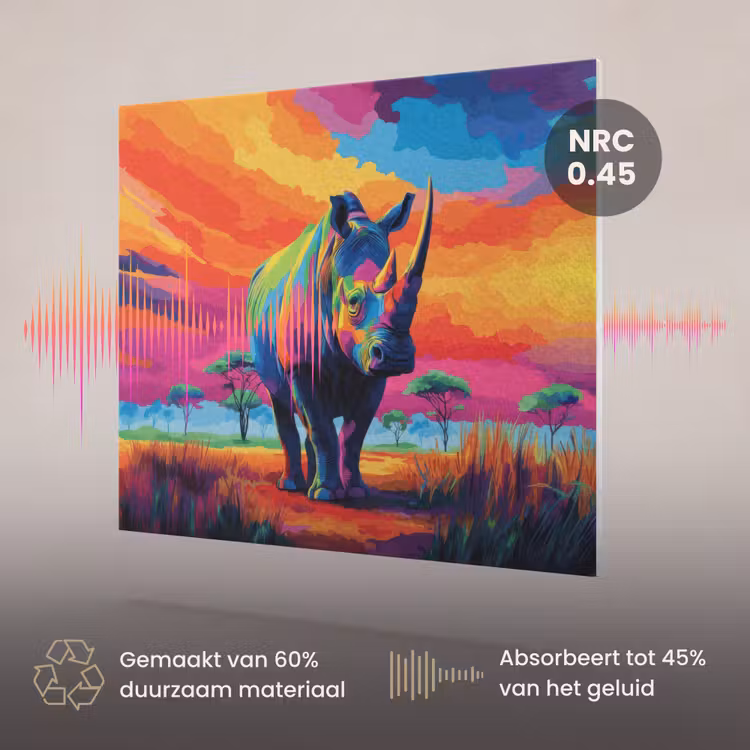 Akoestisch schilderij - Neushoorn - Zonsondergang - Savanna - Kleurrijk — 3