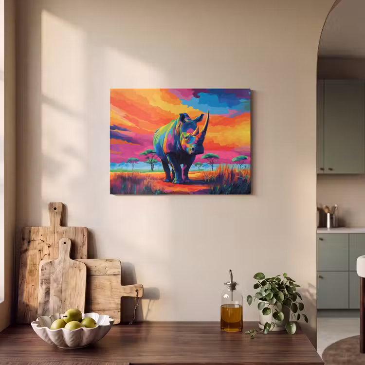 Akoestisch schilderij - Neushoorn - Zonsondergang - Savanna - Kleurrijk — 4
