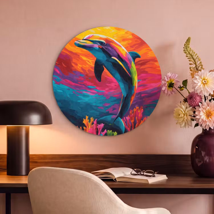 Akoestisch schilderij rond - Dolfijn - Kleurrijk - Oceaan - Koraal — 6