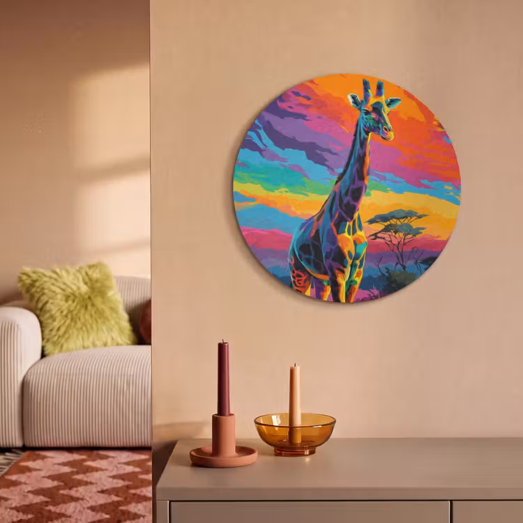 Akoestisch schilderij rond - Giraffe - Savanna - Lucht - Gekleurd — 2