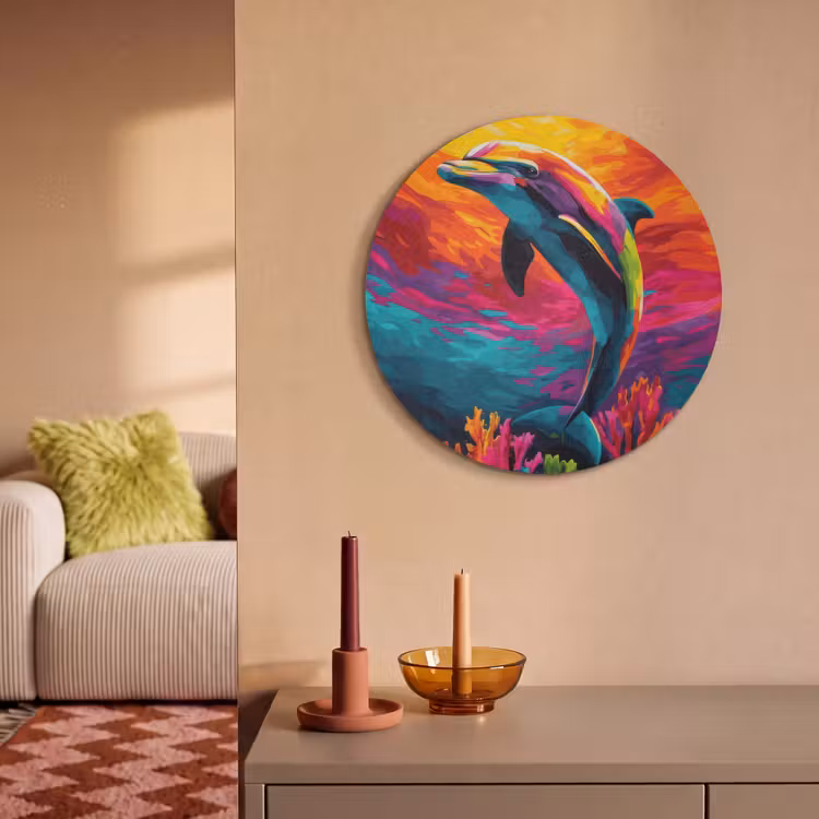 Akoestisch schilderij rond - Dolfijn - Kleurrijk - Oceaan - Koraal — 2