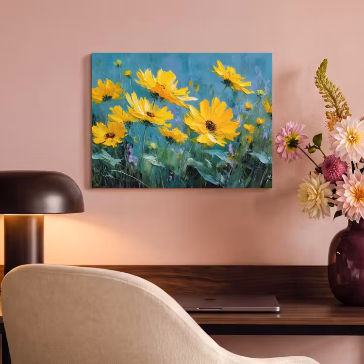 Akoestisch schilderij - Penseelstreken - Bloemen - Felgeel - Abstract — 6