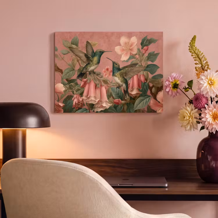 Akoestisch schilderij - Kolibries - Bloemen - Groen - Roze — 6