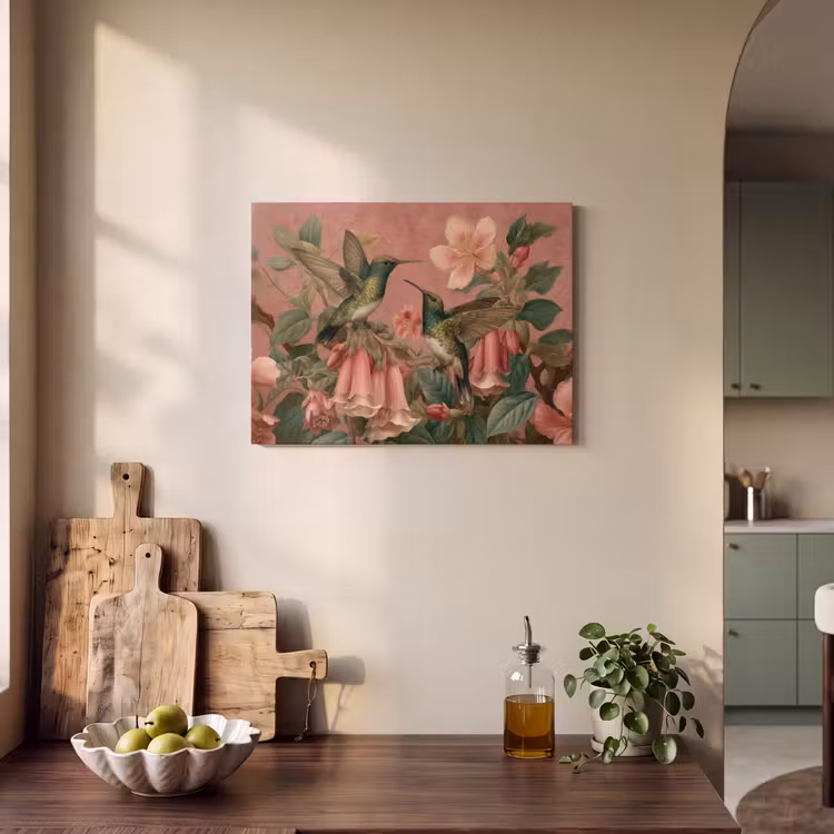 Akoestisch schilderij - Kolibries - Bloemen - Groen - Roze — 4