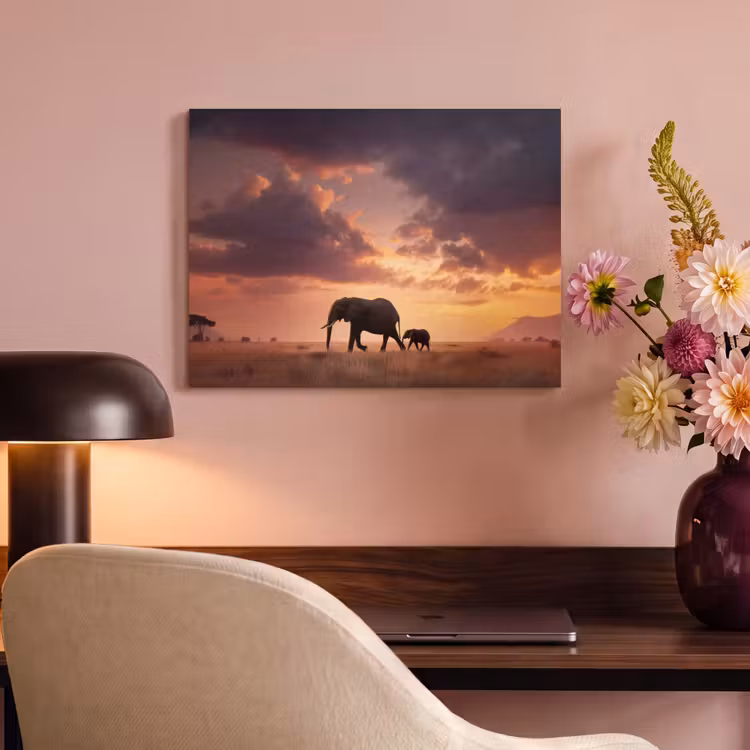 Akoestisch schilderij - Olifanten - Grasland - Zonsondergang — 6