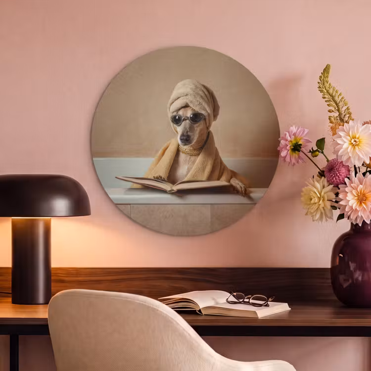 Akoestisch schilderij rond - Hond in Bad met Boek — 6