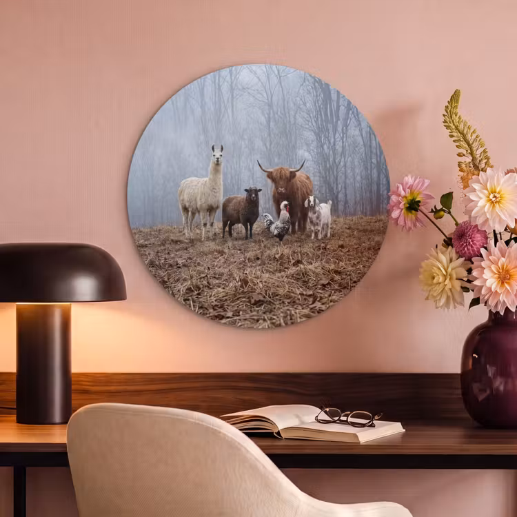 Akoestisch schilderij rond - Boerderijdieren - Groep - Mist - Natuur - Rustiek — 6
