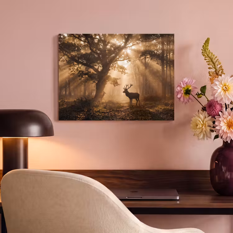 Akoestisch schilderij - Hert - Bos - Mistig - Natuur - Goud — 6