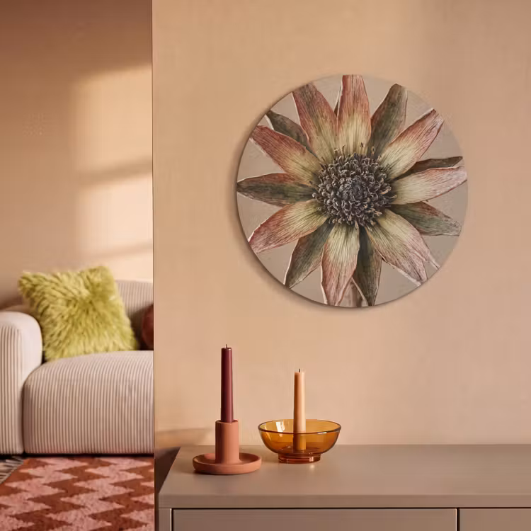 Akoestisch schilderij rond - Droogbloem - Protea - Vintage - Beige - Rustiek — 2