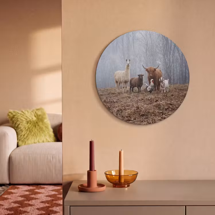 Akoestisch schilderij rond - Boerderijdieren - Groep - Mist - Natuur - Rustiek — 2