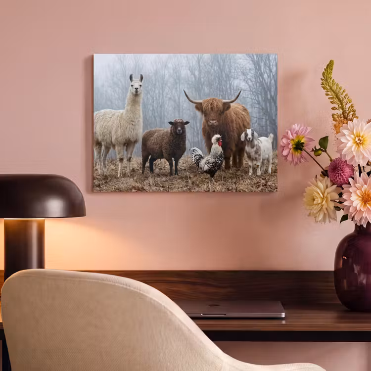 Akoestisch schilderij - Boerderijdieren - Groep - Mist - Natuur - Rustiek — 6