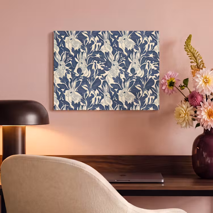 Akoestisch schilderij - Hazen - Bladeren - Patroon - Blauw - Beige — 6