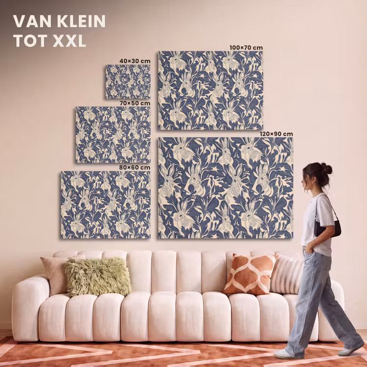 Akoestisch schilderij - Hazen - Bladeren - Patroon - Blauw - Beige — 7