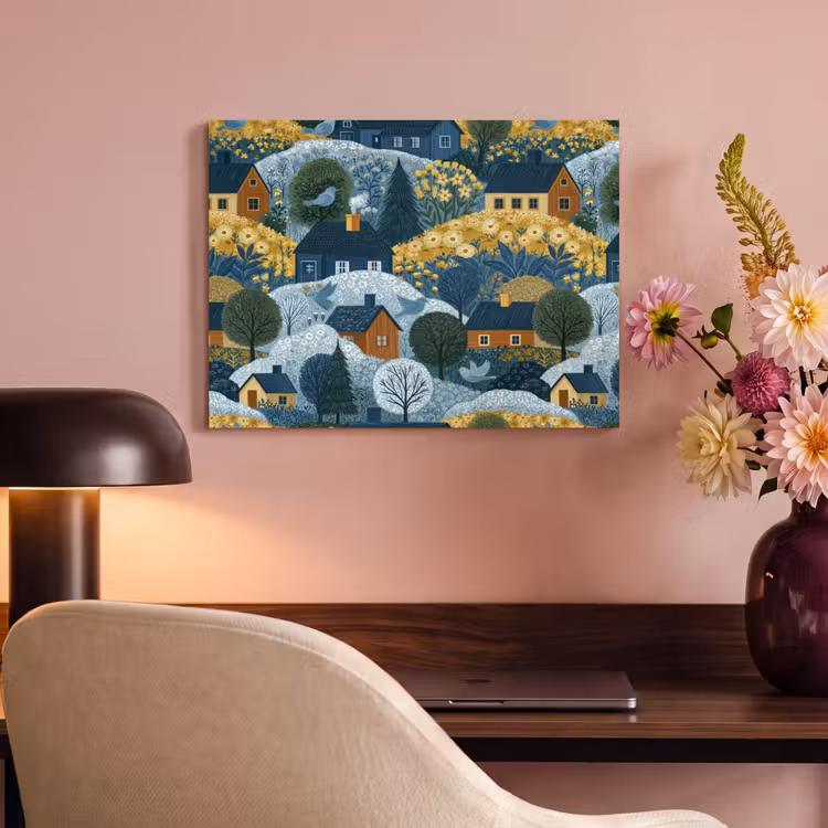 Akoestisch schilderij - Huisjes - Bloemen - Patroon - Geel - Blauw — 6