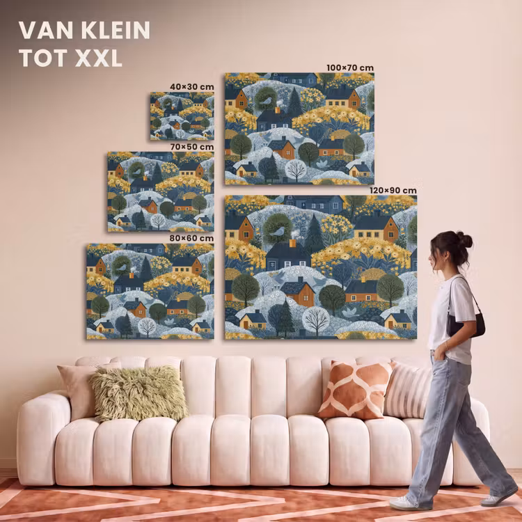 Akoestisch schilderij - Huisjes - Bloemen - Patroon - Geel - Blauw — 7