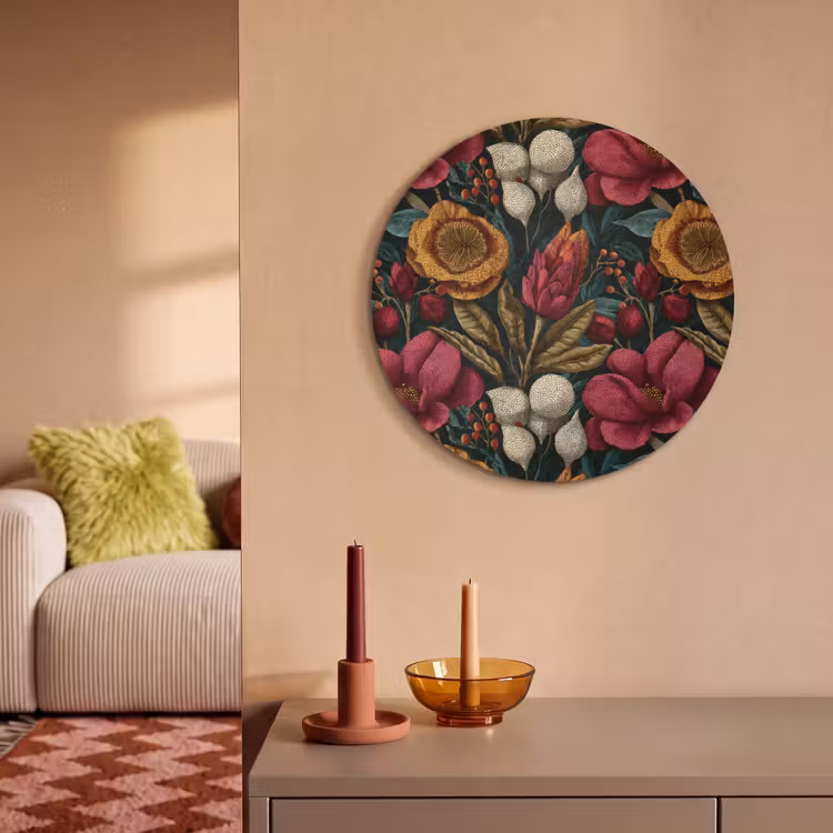 Akoestisch schilderij rond - Bloemen - Patroon - Rood - Goud — 2