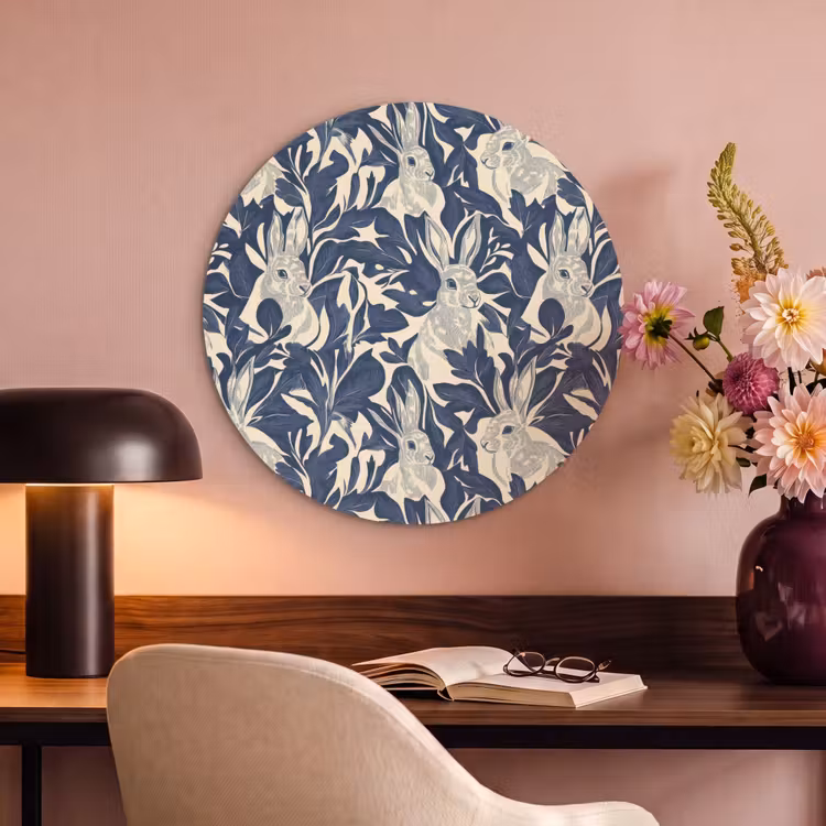 Akoestisch schilderij rond - Hazen - Bladeren - Patroon - Blauw - Beige — 6