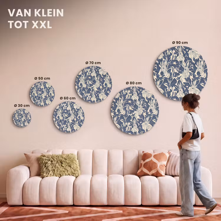 Akoestisch schilderij rond - Hazen - Bladeren - Patroon - Blauw - Beige — 7