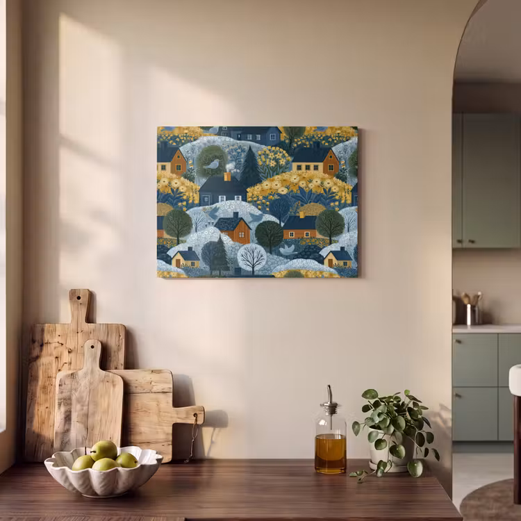 Akoestisch schilderij - Huisjes - Bloemen - Patroon - Geel - Blauw — 4
