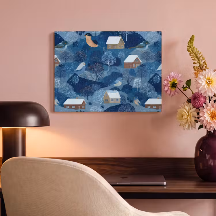Akoestisch schilderij - Huisjes - Vogels - Sneeuw - Winter - Blauw — 6
