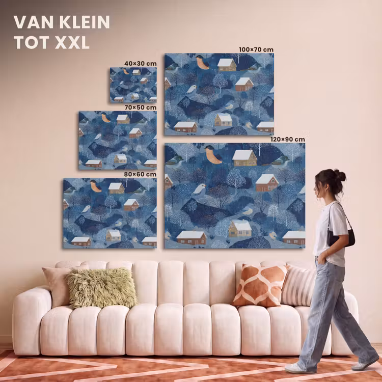 Akoestisch schilderij - Huisjes - Vogels - Sneeuw - Winter - Blauw — 7