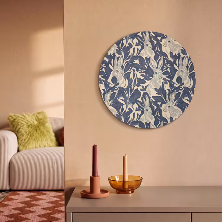 Akoestisch schilderij rond - Hazen - Bladeren - Patroon - Blauw - Beige — 2