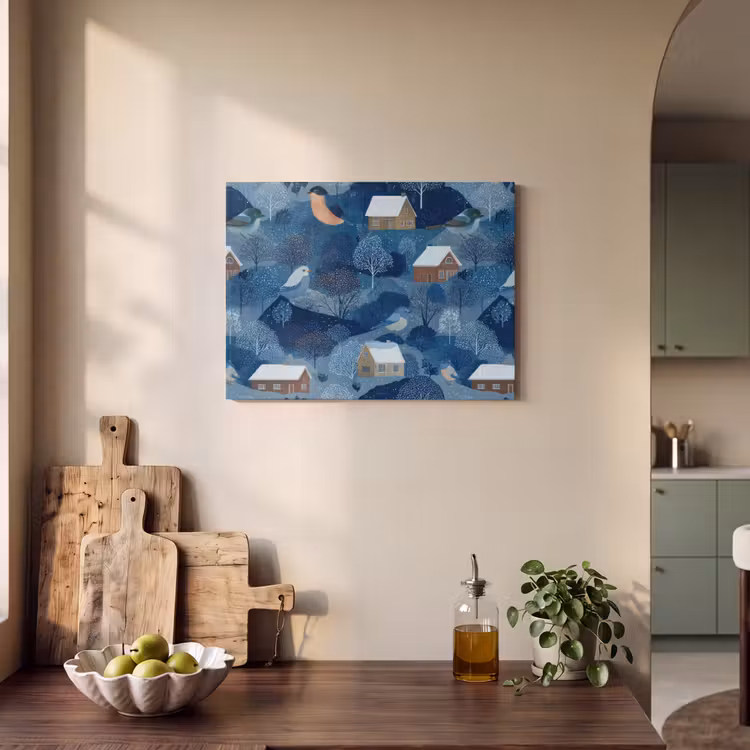 Akoestisch schilderij - Huisjes - Vogels - Sneeuw - Winter - Blauw — 4