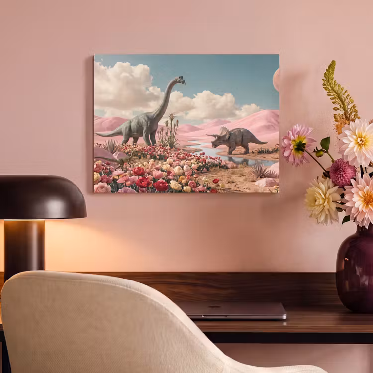 Akoestisch schilderij - Dinosaurus - Roze - Landschap — 6