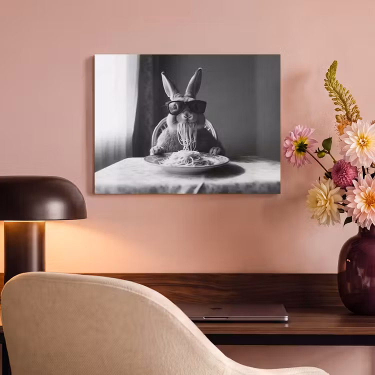 Akoestisch schilderij - Konijn - Bunny - Zonnebril - Tafelkleed - Pasta - Schattig — 6