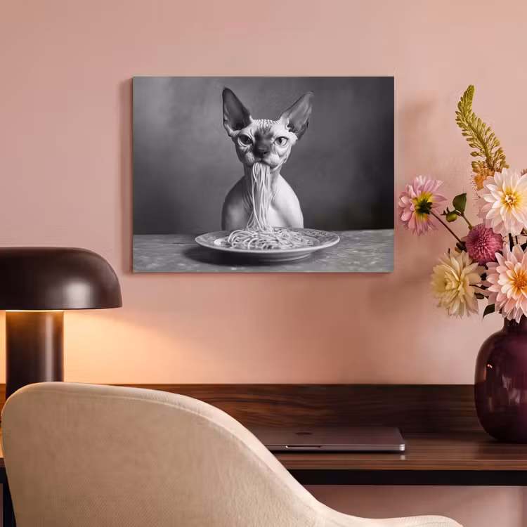 Akoestisch schilderij - Sphynx - Kat - Dieren - Humor - Spaghetti - Zwart Wit — 6