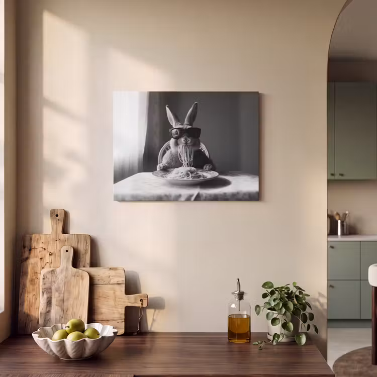 Akoestisch schilderij - Konijn - Bunny - Zonnebril - Tafelkleed - Pasta - Schattig — 4