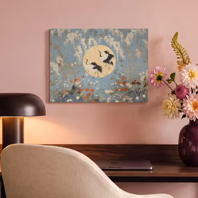 Akoestisch schilderij - Kraanvogels - Maan - Bloemen - Blauw — 6