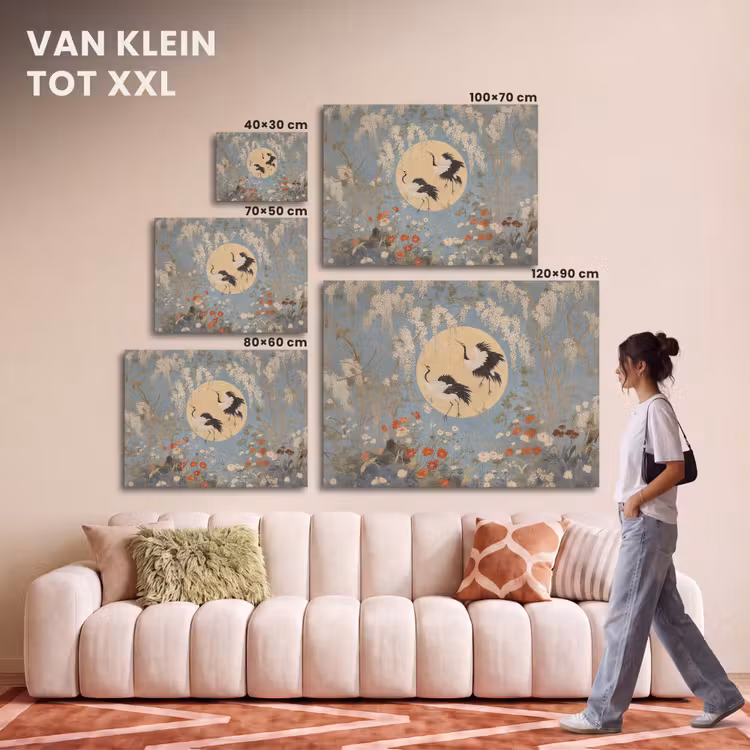 Akoestisch schilderij - Kraanvogels - Maan - Bloemen - Blauw — 7