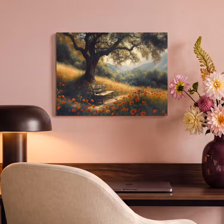 Akoestisch schilderij - Bankje - Boom - Klaprozen - Heuvels — 6