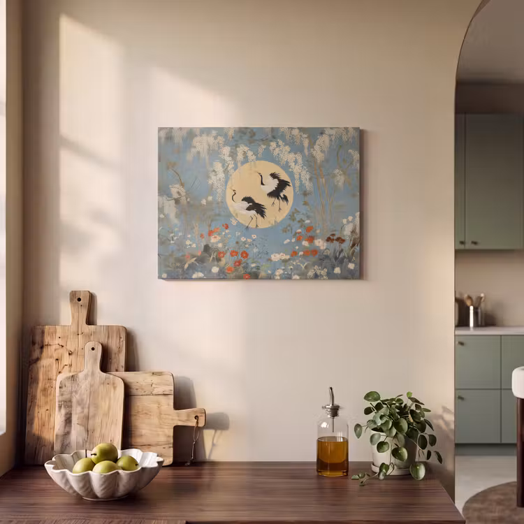 Akoestisch schilderij - Kraanvogels - Maan - Bloemen - Blauw — 4