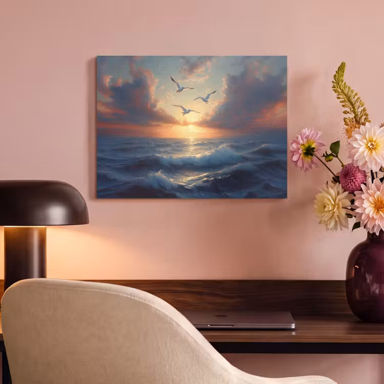 Akoestisch schilderij - Meeuwen - Zonsondergang - Zee - Wolken — 6