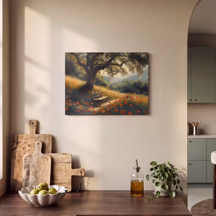 Akoestisch schilderij - Bankje - Boom - Klaprozen - Heuvels — 4