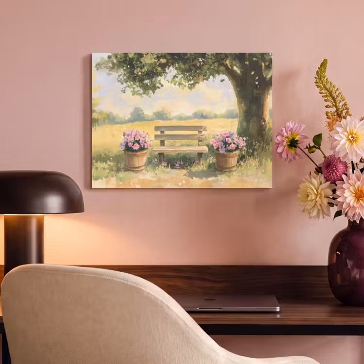 Akoestisch schilderij - Houten bankje - Bloempotten - Landschap — 6