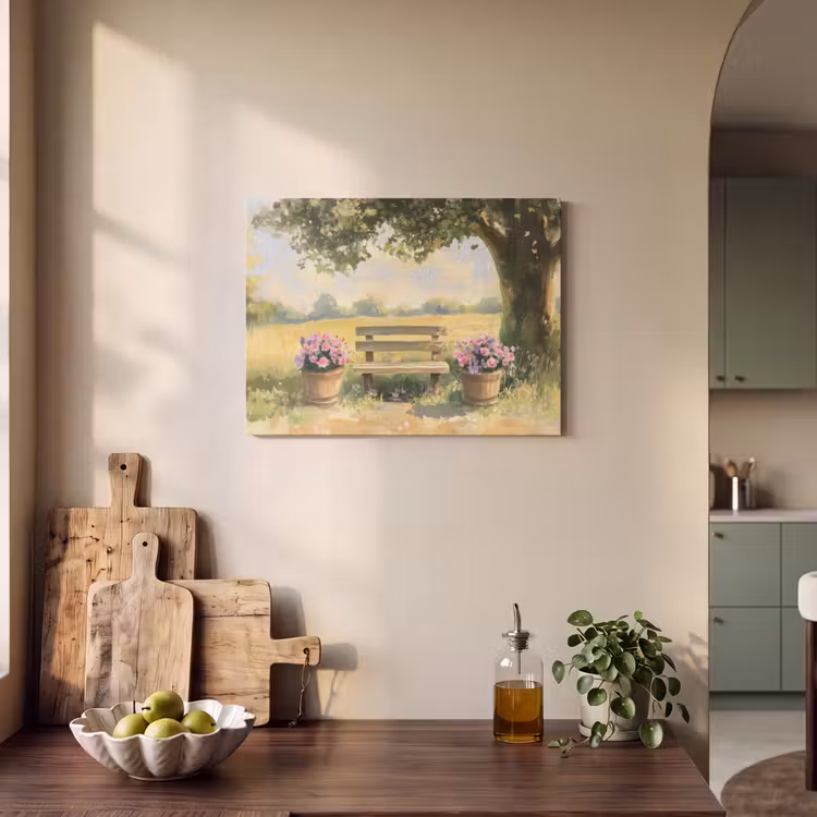 Akoestisch schilderij - Houten bankje - Bloempotten - Landschap — 4