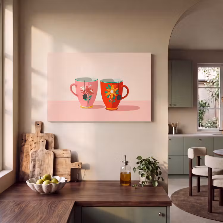 Akoestisch schilderij - Theekopjes - Bloemmotieven - Roze - Theezakjes — 4