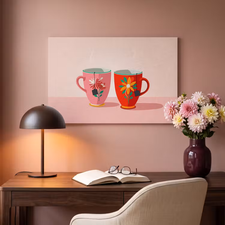 Akoestisch schilderij - Theekopjes - Bloemmotieven - Roze - Theezakjes — 6