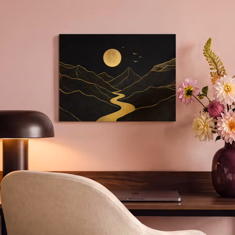 Akoestisch schilderij - Rivier - Goud - Maan - Vogels — 6