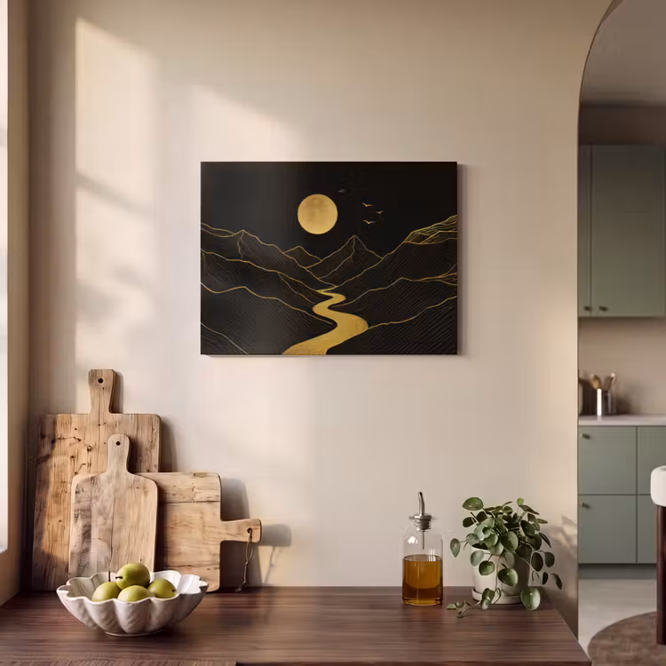 Akoestisch schilderij - Rivier - Goud - Maan - Vogels — 4
