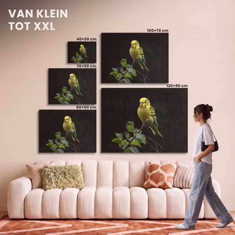 Akoestisch schilderij - Parkiet - Tak - Bladeren - Geel — 7